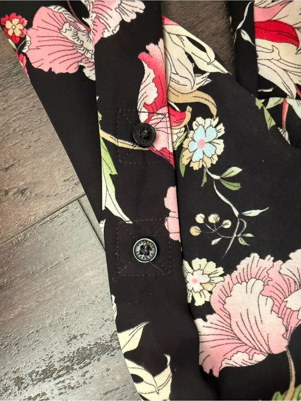 Express Portofino Slim Floral Button Front Blouse XS Black Career Office Top - Picture 4 of 8